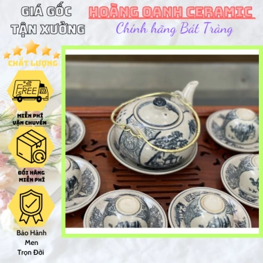 Gốm Sứ Bát Tràng Ấm chén Men rạn cổ Bộ Nhị Cảnh Sơn Thuỷ quai đồng - 313.927₫