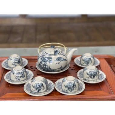 Gốm Sứ Bát Tràng Ấm chén Men rạn cổ Bộ Nhị Cảnh Sơn Thuỷ quai đồng - 313.927₫