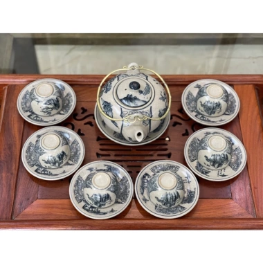 Gốm Sứ Bát Tràng Ấm chén Men rạn cổ Bộ Nhị Cảnh Sơn Thuỷ quai đồng - 313.927₫