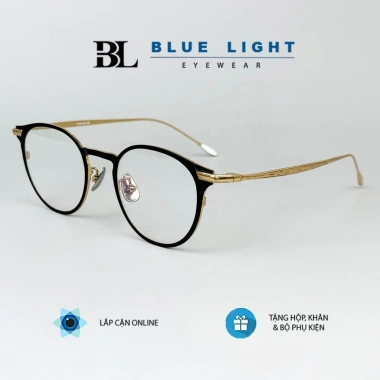 Gọng Kính Cận Blue Light Titanium Mèo Tròn Đen Vàng, Xám Đen, Dày Dặn 685k 10