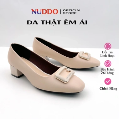 Guốc Cao Gót Nữ Da Mềm Mũi Vuông Đính Nơ Sang Trọng Đế Vuông 3cm NUDDO N3N02 475k