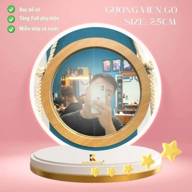 Gương treo tường phòng tắm tròn viền gỗ, decor, móc dây thừng, giá rẻ 42.000 VNĐ 10