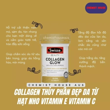 Hàng Chuẩn ÚC Swisse Beauty Collagen Glow - Collagen Thủy Phân Hạt Nho, Vitamin E, CoQ10, Giá 499k