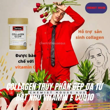 Hàng Chuẩn ÚC Swisse Beauty Collagen Glow - Collagen Thủy Phân Hạt Nho, Vitamin E, CoQ10, Giá 499k