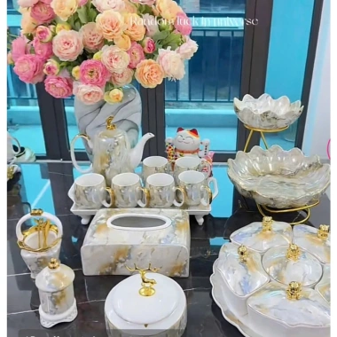 Hàng có sẵn FULL Set bát đĩa vân vàng gốm sứ decor cao cấp - Giá ưu đãi 280k 8