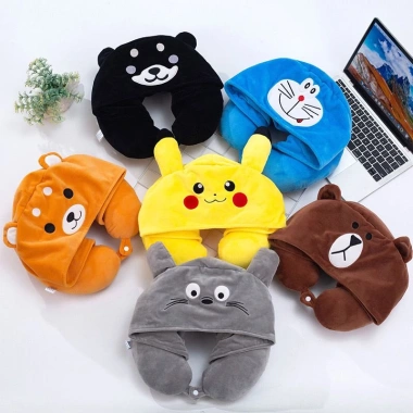 Hàng có sẵn Gối kê cổ hình mèo Tinkerbell Pikachu, có mũ trùm đầu, giặt máy được - Quà sinh nhật, văn phòng, phòng ngủ trưa 2