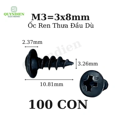 Hàng mới Ốc vít nhọn M3x8mm đầu dù ren thưa 100pcs 11.280đ - Linh Kiện Quỳnh Diễn