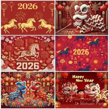 Happy Tết Nguyên Đán 2.026 Sư Tử Vàng Đỏ Đèn Lồng Phông Nền Lễ Hội Giá 341,977 VND