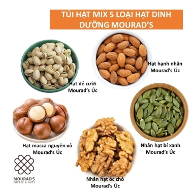 Hạt Mix Mourad's Úc 500g 5 loại: hạnh nhân, macca, óc chó, dẻ cười, bí xanh 204.500₫ 2