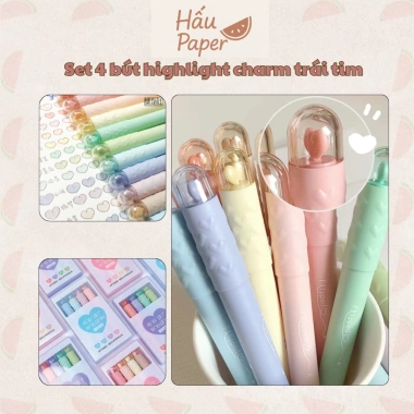 Hấu Paper Set 4 bút highlight pastel, charm trái tim, màu êm mắt, 115.000₫
