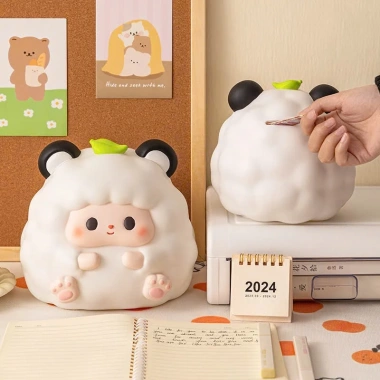 Heo đất cừu đội lá cute - ống tiết kiệm đựng tiền, trang trí nhà cửa, giá chỉ 75.000₫