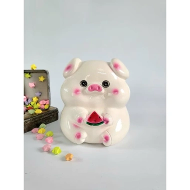 Heo Đất Tiết Kiệm 18cm - Ống Heo Ôm Dưa Hấu Siuu Cute, Thạch Cao Nguyên