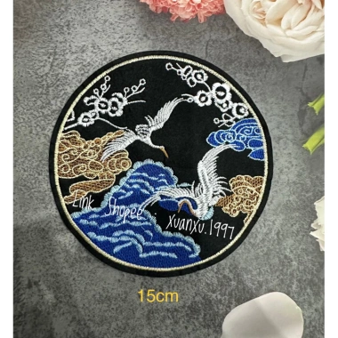Hình thêu cò hoa mây xanh 15cm - Patch ủi nhiệt gắn áo dài, sticker giá 16.200₫