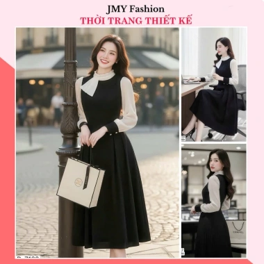 HOẢ TỐC DS7.132 Váy xoè đen cổ bèo trắng công sở sang trọng, giảm giá 510k