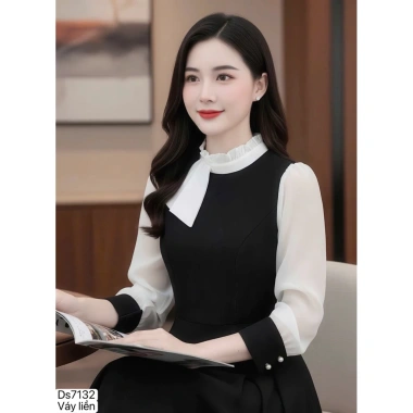 HOẢ TỐC DS7.132 Váy xoè đen cổ bèo trắng công sở sang trọng, giảm giá 510k