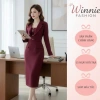 HOÀ TỐC DS7.309 Váy đỏ bút chì cổ vest dài tay công sở dự tiệc - DVC chính hãng