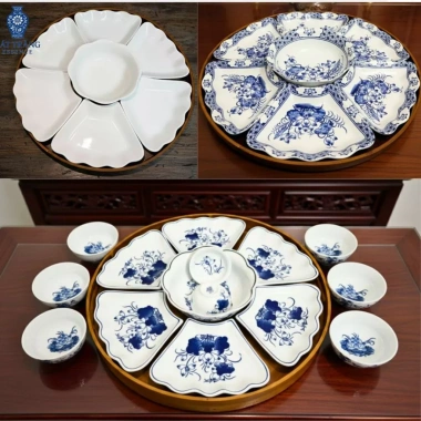 Hỏa Tốc Gốm Sứ Bát Tràng - Bộ Bát Hoa Mặt Trời 6 Cánh + Khay, Chén Cúng, Mâm Tết - 388.000₫