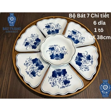 Hỏa Tốc Gốm Sứ Bát Tràng - Bộ Bát Hoa Mặt Trời 6 Cánh + Khay, Chén Cúng, Mâm Tết - 388.000₫