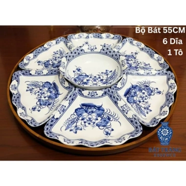 Hỏa Tốc Gốm Sứ Bát Tràng - Bộ Bát Hoa Mặt Trời 6 Cánh + Khay, Chén Cúng, Mâm Tết - 388.000₫