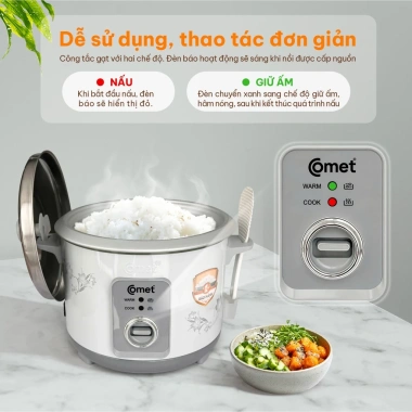 Hỏa tốc HCM Nồi cơm điện COMET 1,8L nắp rời 700W, lòng nhôm, nấu nhanh 4-6 người, 529k