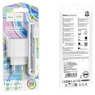 Hoco C109A QC3.0 USB 18W Sạc Nhanh Cổng Đơn Phích Cắm EU - Bộ Sạc Tường Du Lịch 9