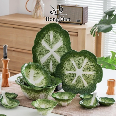 HongDian Bộ bát đĩa gia đình kiểu cải thảo gốm sứ, không chì, chống trầy, an toàn lò vi sóng, 116k
