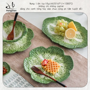 HongDian Bộ bát đĩa gia đình kiểu cải thảo gốm sứ, không chì, chống trầy, an toàn lò vi sóng, 116k