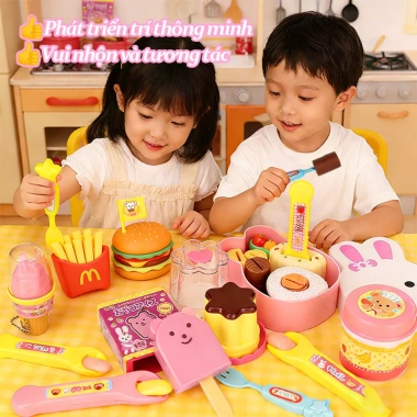 Hộp 10 món đồ chơi ăn bánh Pudding dâu tây và Burger - Đóng vai dễ thương cho bé