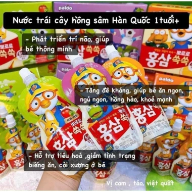Hộp 10 Túi Nước Hồng Sâm Trái Cây Pororo Paldo Hàn Quốc 100ml Trẻ 1+ 3 Vị 200k