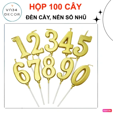 Hộp 100 cây đèn cầy nhũ sinh nhật - Nến số nhũ sang trọng, trang trí bánh kem, giảm giá 193k