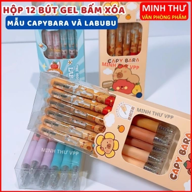 Hộp 12 bút gel bấm tẩy, ngòi 0.5mm mực xanh/tím đậm, không tắc mực - 46.000₫