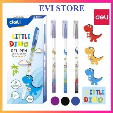 Hộp 12 bút gel nước Deli EG30 G30 ngòi 0.5mm họa tiết khủng long - Ruột G36 thay thế, chỉ 25.000₫