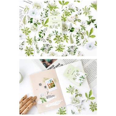 Hộp 46 hình dán hoa trà trắng lá xanh vintage – Dán sổ bullet journal, scrapbook, thư thiệp, giá 25.000 VND