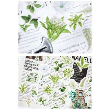 Hộp 46 hình dán hoa trà trắng lá xanh vintage – Dán sổ bullet journal, scrapbook, thư thiệp, giá 25.000 VND