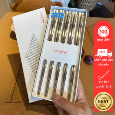 Hộp 5 đôi đũa inox 316L Chockmen mài mờ đầu vuông, chống trơn trượt, giá ưu đãi 195.000₫