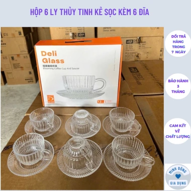 Hộp 6 ly thủy tinh kẻ sọc + 6 đĩa kê cốc chịu nhiệt 240ml - Giá ưu đãi 155.000 VND