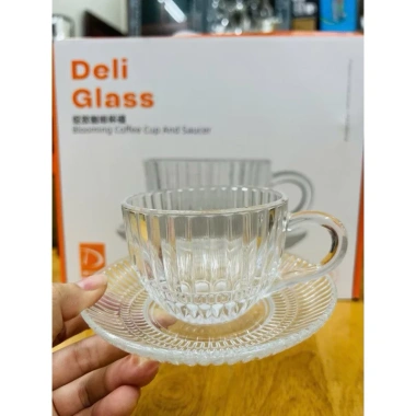 Hộp 6 ly thủy tinh kẻ sọc + 6 đĩa kê cốc chịu nhiệt 240ml - Giá ưu đãi 155.000 VND