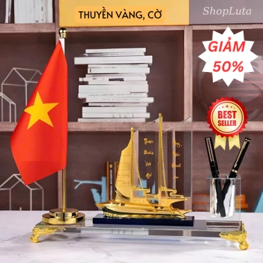 Hộp Cắm Bút Doanh Nhân Thuận Buồm - Đồng Mạ Vàng 24K, Pha Lê K9, Kèm Hộp Quà