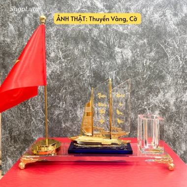 Hộp Cắm Bút Doanh Nhân Thuận Buồm - Đồng Mạ Vàng 24K, Pha Lê K9, Kèm Hộp Quà