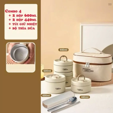 Hộp cơm giữ nhiệt Inox 304 4 hộp và 3 hộp lòng, tặng thìa đũa, túi cách nhiệt - Giá 26.500 VND