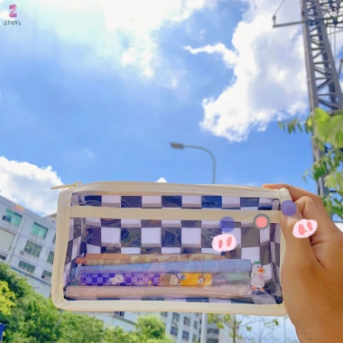Hộp đựng bút chì trong suốt họa tiết đen trắng Cờ vua, túi đa năng, quà tặng học sinh ISO