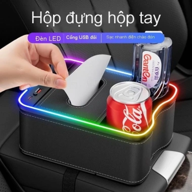 Hộp Đựng Đồ Đa Năng Bệ Tỳ Tay, Hộp Giấy Ăn Có Đèn LED, Cổng Sạc Type‑C & USB – Giá 120.000₫