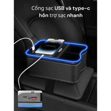 Hộp Đựng Đồ Đa Năng Bệ Tỳ Tay, Hộp Giấy Ăn Có Đèn LED, Cổng Sạc Type‑C & USB – Giá 120.000₫