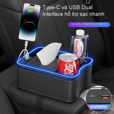 Hộp Đựng Đồ Đa Năng Bệ Tỳ Tay, Hộp Giấy Ăn Có Đèn LED, Cổng Sạc Type‑C & USB – Giá 120.000₫