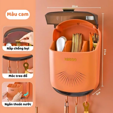 Hộp Đựng Đũa Muỗng Thìa Treo Tường, Khay Hứng Nước, Nắp Đậy, Chống Côn Trùng
