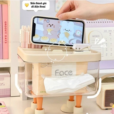 Hộp đựng giấy ăn có giá đỡ điện thoại, ngăn đa năng, 4 chân dễ thương - chỉ 99.000₫ 7