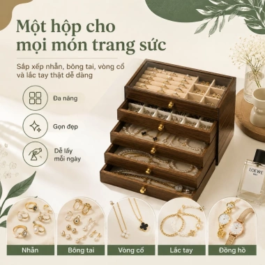 Hộp đựng trang sức gỗ óc chó vân đẹp, nhiều ngăn kéo, dung tích lớn, chống oxy hoá, quà cưới tinh tế - 120k 5