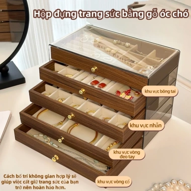 Hộp đựng trang sức gỗ óc chó vân đẹp, nhiều ngăn kéo, dung tích lớn, chống oxy hoá, quà cưới tinh tế - 120k 7