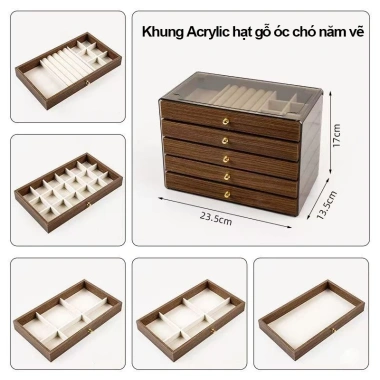 Hộp đựng trang sức gỗ óc chó vân đẹp, nhiều ngăn kéo, dung tích lớn, chống oxy hoá, quà cưới tinh tế - 120k 9