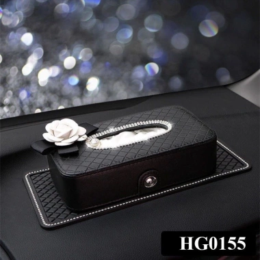 Hộp giấy ăn hoa trà trắng hồng bọc da PU đính đá, tiện cho ô tô 65.000 VND